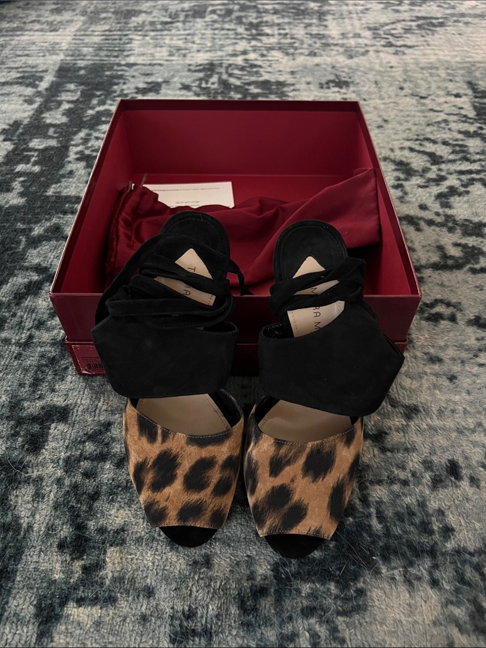 Tamara Mellon Leopard & Black Suede Open-Toe Heels